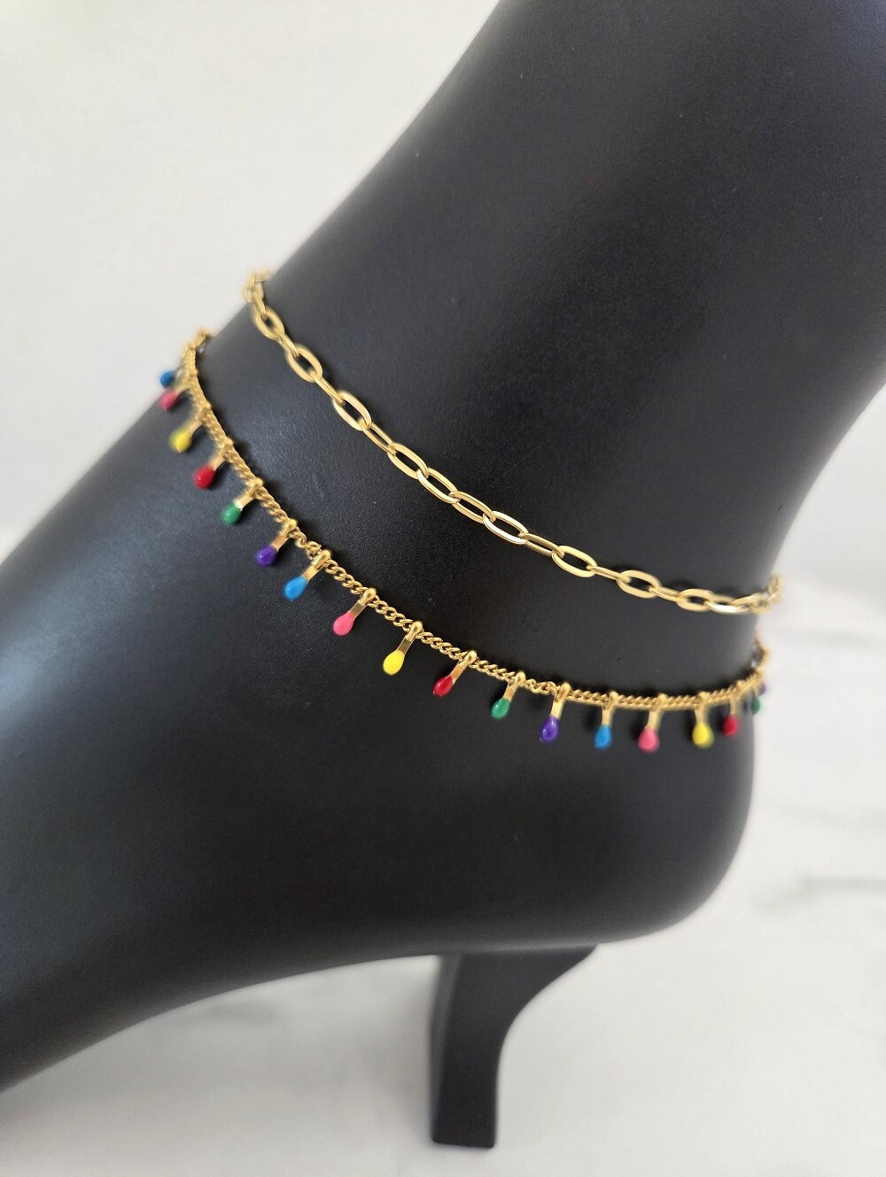 Multicolor Layered Dangle Anklet Colorful Bead Drop Double Chain Beach Jewelry - Picture 6 of 13
